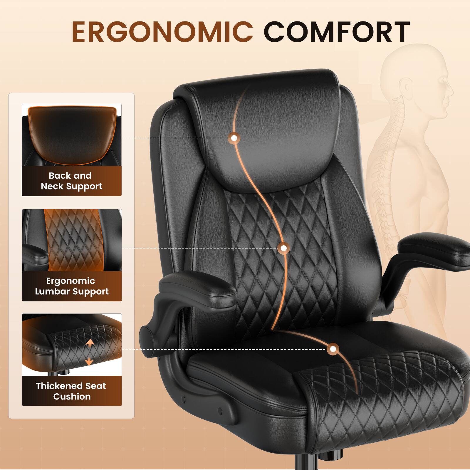 ERGONOMIC COMFORT

- Back and Neck Support
- Ergonomic Lumbar Support
- Thickened Seat Cushion