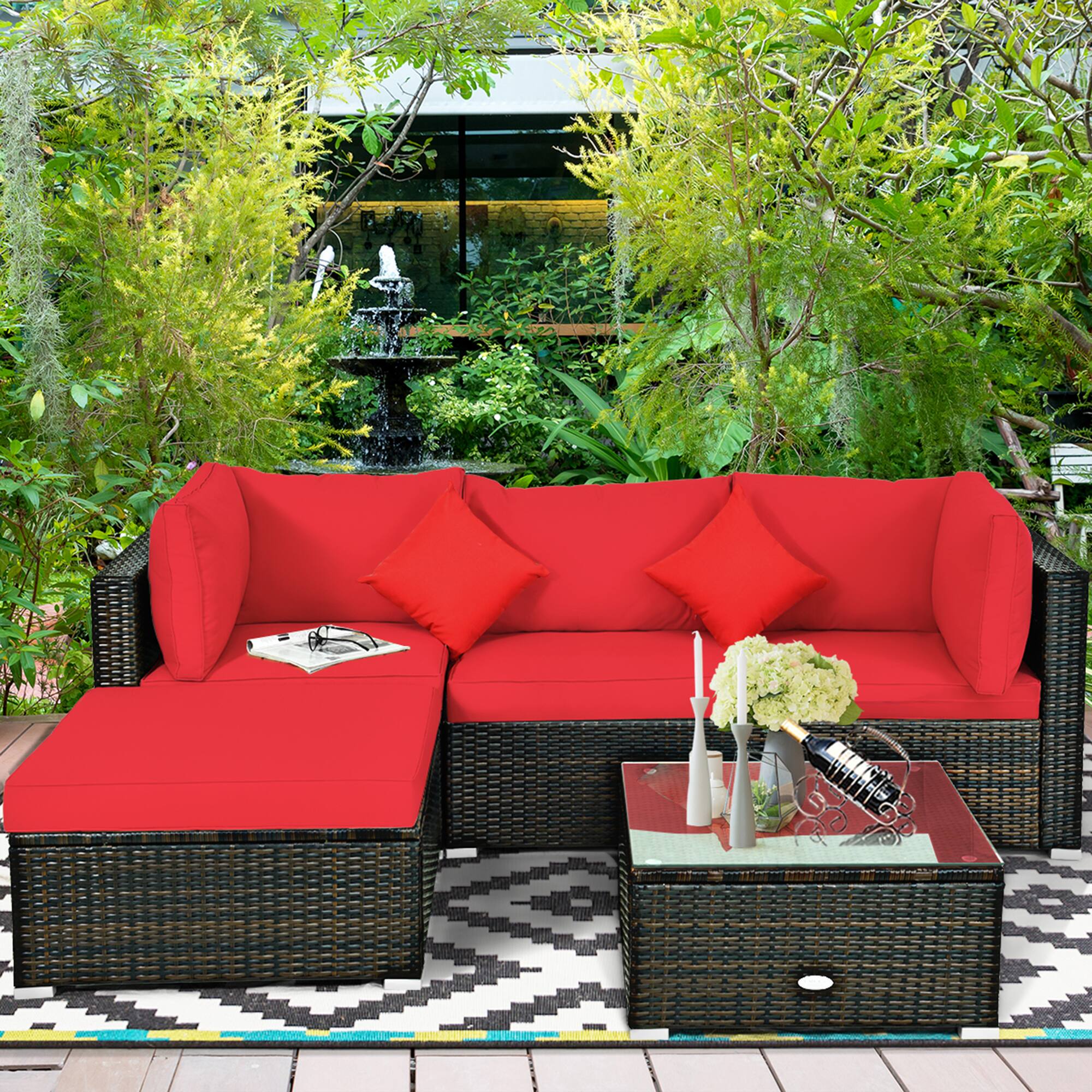 Alt View 4. Gymax - Gymax 5PCS Rattan Sectional Sofa Set Patio Furniture Set w/ Red Cushion Pillow - Red.