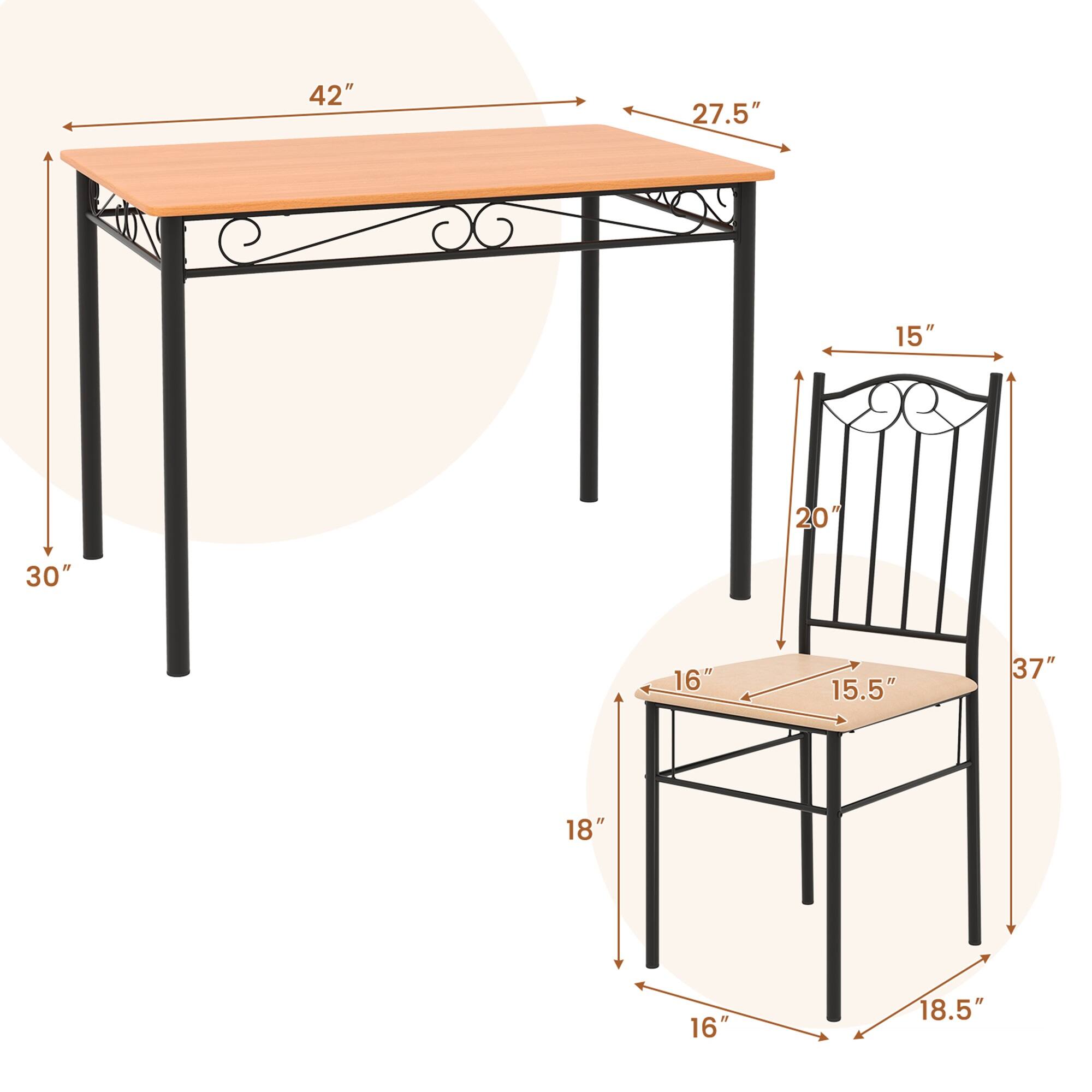 The text on the image reads: "42" 27.5" 15" 20" 30" 16" 15.5" 37" 18" 16" 18.5". This text is likely describing the dimensions of the wooden table and chair, with the numbers representing the length, width, and height of each piece.