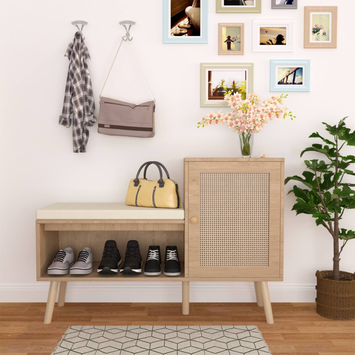 Angle. HTUTWOO - 2-in-1 Entryway Shoe Bench with Cabinet - Rattan Shoe Organizer with Cushion,for Hallway,Living Room,Apartments & Homes - Brown.