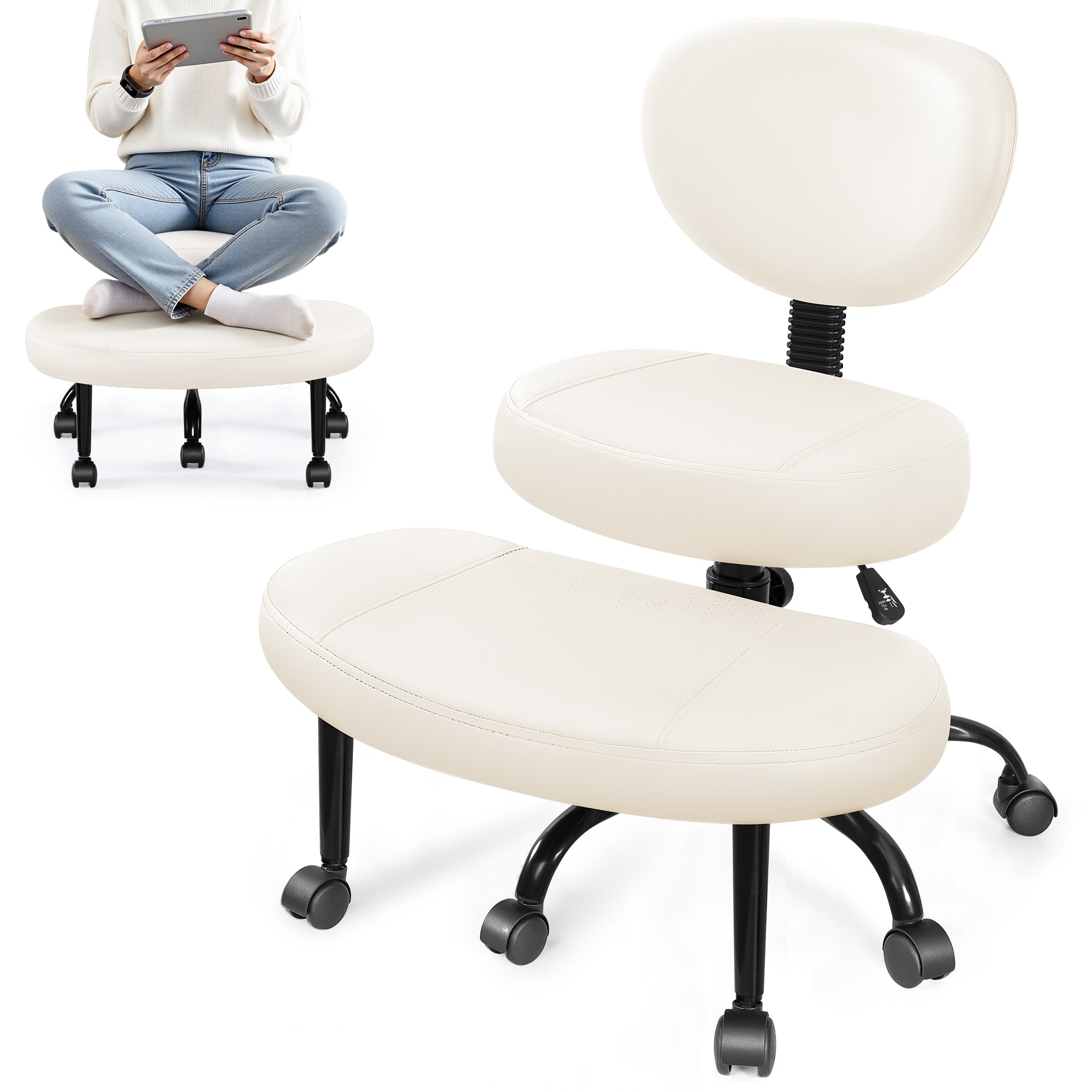 Brick Attic - ADHD Criss Cross Office Chair with Wheels,Adjustable Height Ergonomic Kneeling Desk Chairs with 360°Rotating Footrest - White