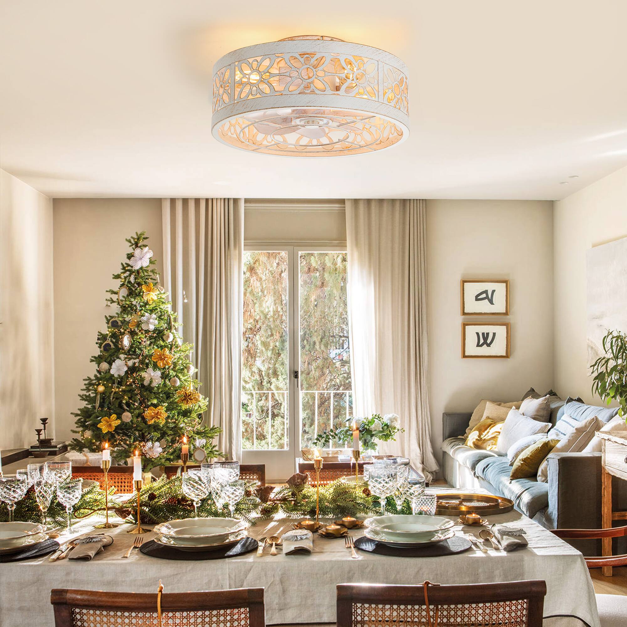 Alt View 1. Breezary - 16.5-In Indoor Flush Mount Cage Ceiling Fan with 7 ABS Blades, 6-Speed DC Motor, Remote Control with Timer - Distressed White and Gold.