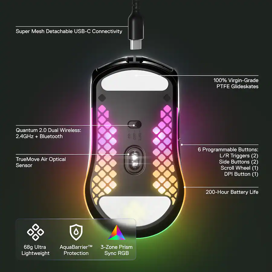 SteelSeries Aerox 3 Super Light Honeycomb Wireless RGB Optical Gaming ...