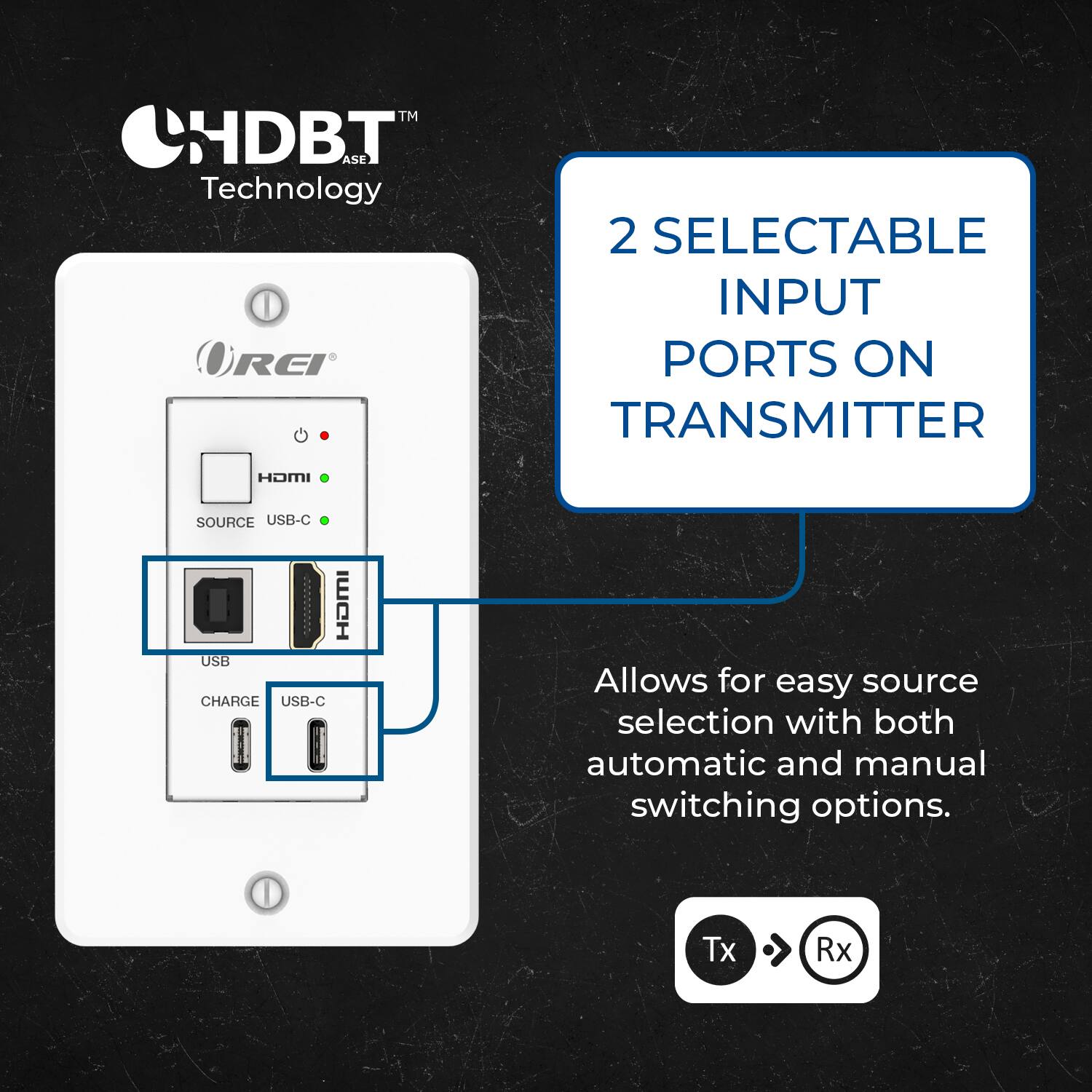 HDBT Technology  
REI  
2 SELECTABLE INPUT PORTS ON TRANSMITTER  
Allows for easy source selection with both automatic and manual switching options.  
Tx > Rx