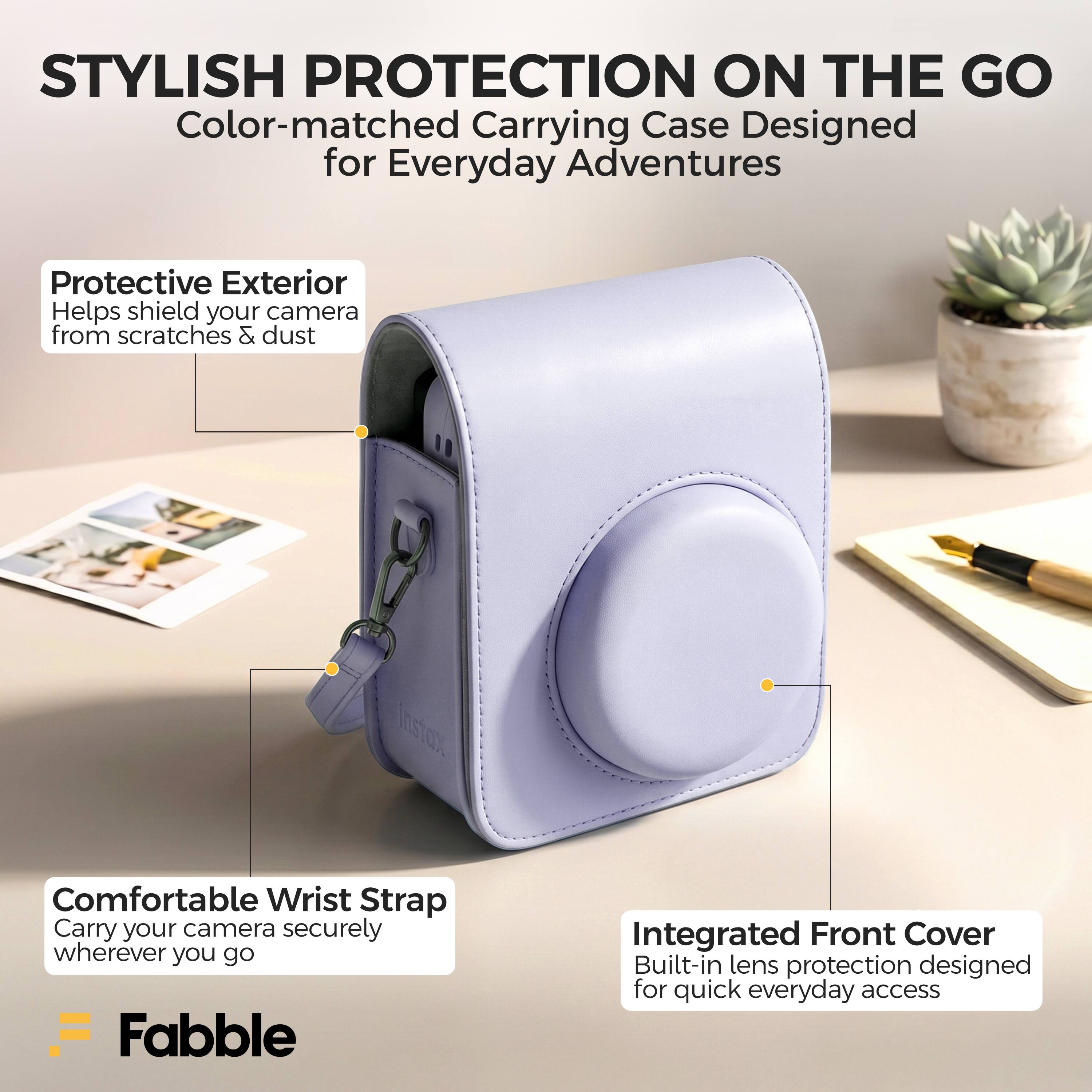 STYLISH PROTECTION ON THE GO  
Color-matched Carrying Case Designed for Everyday Adventures  
Protective Exterior Helps shield your camera from scratches & dust  
Comfortable Wrist Strap Carry your camera securely wherever you go  
Integrated Front Cover Built-in lens protection designed for quick everyday access