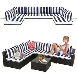 Chateau Abodes - 14-Piece Outdoor Sectional Cushion Set, Waterproof Replacement Cushions with Liner & Cover - Navy Blue White Stripes