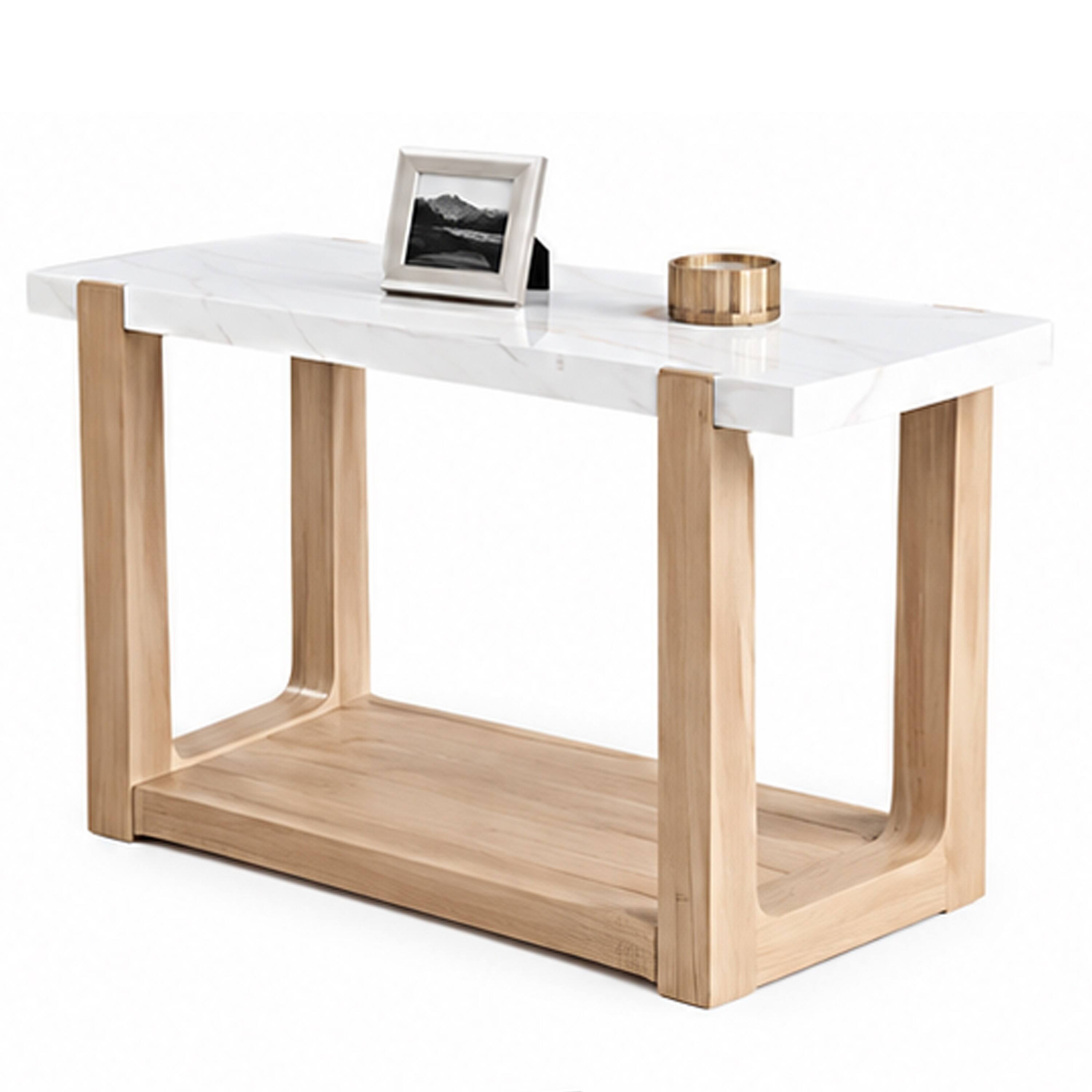 Back. Manhattan Lane - Sane Sofa Console Table, 50 Inch  Faux Marble Top with Shelf, - White, Natural Brown.