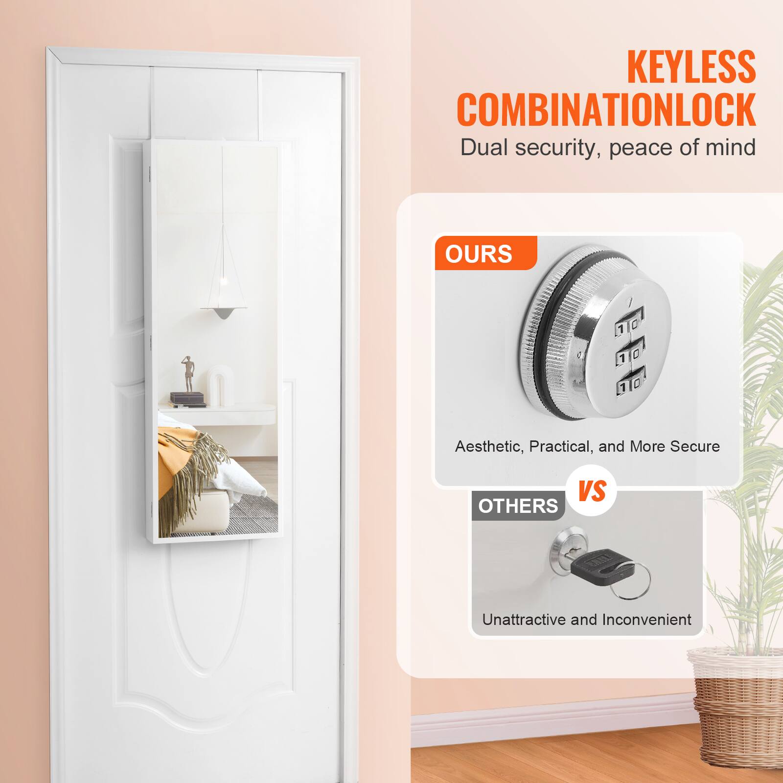 KEYLESS COMBINATION LOCK  
Dual security, peace of mind  

OURS  
Aesthetic, Practical, and More Secure  

VS  

OTHERS  
Unattractive and Inconvenient