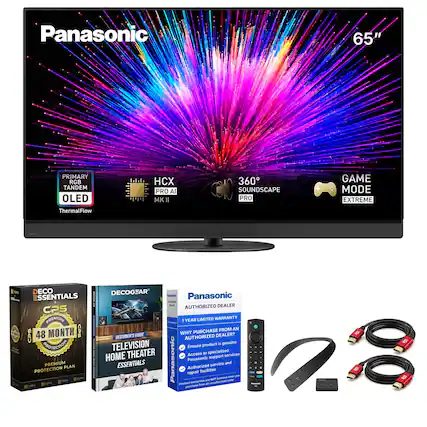 Panasonic
65"
PRIMARY RGB TANDEM OLED
HCX PRO AI MKII
360 SOUNDSCAPE PRO
GAME MODE EXTREME
ThermalFlow
DECO ESSENTIALS
CPS PREMIUM
48 MONTH CPS PROTECTION
PREMIUM PLAN PROTECTION CAS CPS
DECOGEAR
Panasonic L'OCC FOX DEALER AUTHORIZED
1 YEAR LIMITED WARRANTY
WHY PURCHASE FROM AN AUTHORIZED DEALER?
BEGINNER'S GUIDE
AUTHORIZED TELEVISION
Ensure product is genuine
THEATER
Access to specialized services
HOME
Panasonic Panasonic support
ESSENTIALS
service and Authorized facilities
repair tonorist when, you are NOT seller
Product warrandes from are byshortusnu purchese
1 - Aspose