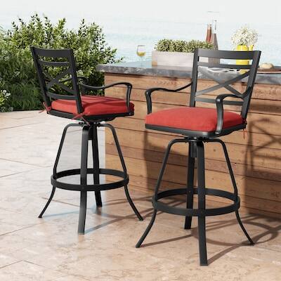 Alt View 5. Crestlive Products - Crestlive Products Sunbrella Cast Aluminum Set 2 Black Swivel Bar Stool Chair Cushioned Seat - Red-2PC.