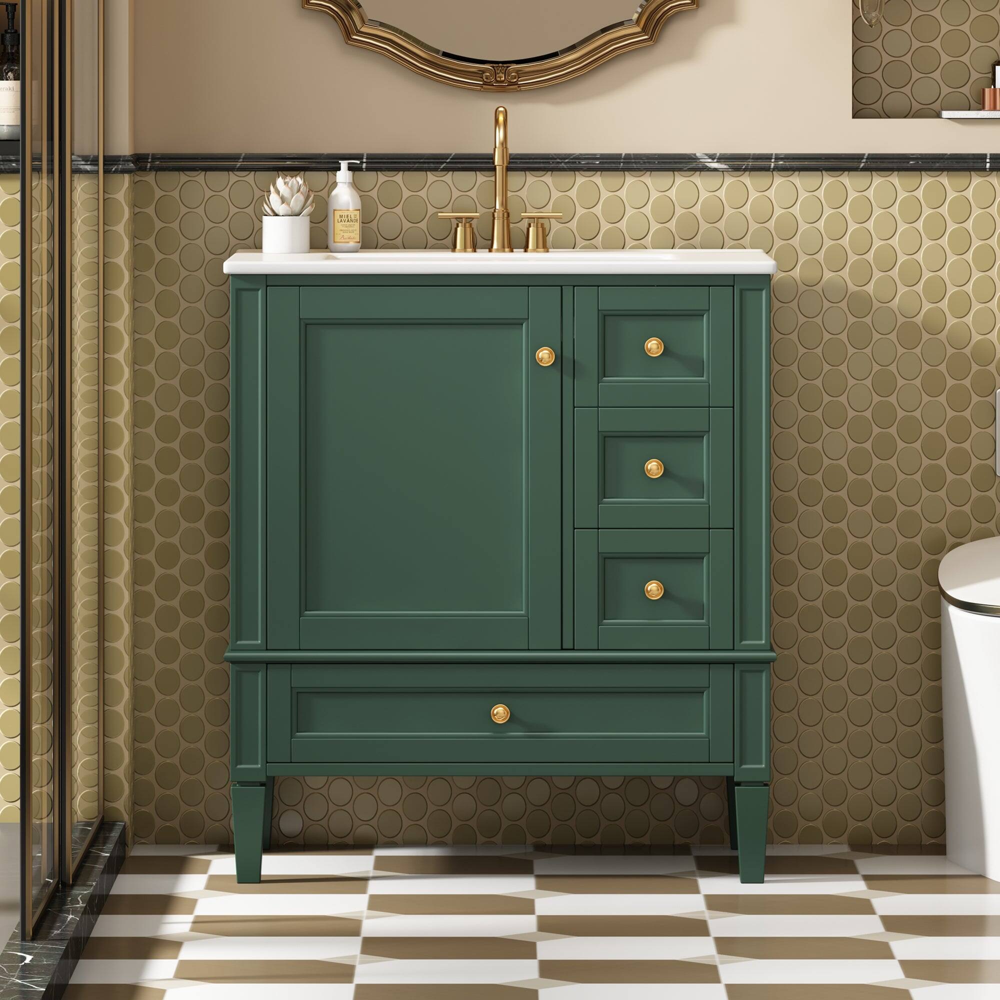 Alt View 1. Boyel Living - 30 Inch Solid Wood Bathroom Vanity with Ceramic Sink Three Drawers Green - Green.
