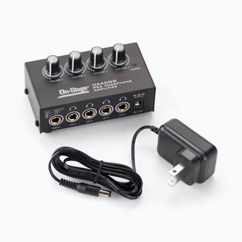 BLLC VOLUME 1 VOLUME 2 VOLUME 3 VOLUME 4 POWER 2 HA4000 HEADPHONE HEAD PRO AMPLIFIER On-Stage GROUND natr LOFT CH-1 INPUT CH-2 CH-3 CH-4 DC 12V