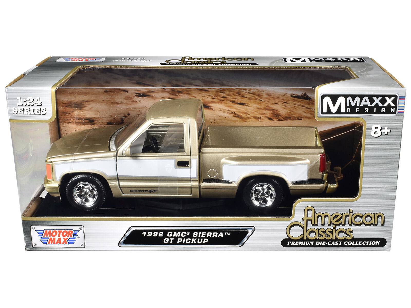 Sure, here is the corrected and grouped text from the image:

---

**Front:**

- **1:24 SERIES**
- **M MAXX DESIGN**
- **8+**
- **American Classics**
- **PREMIUM DIE-CAST COLLECTION**
- **1992 GMC® SIERRA™ GT PICKUP**
- **MOTOR MAX**

**Top Left:**

- **M MAXX**

**Top Right:**

- **M MAXX DESIGN**

**Bottom Left:**

- **MOTOR MAX**

**Bottom Right:**

- **American Classics**
- **PREMIUM DIE-CAST COLLECTION**

---