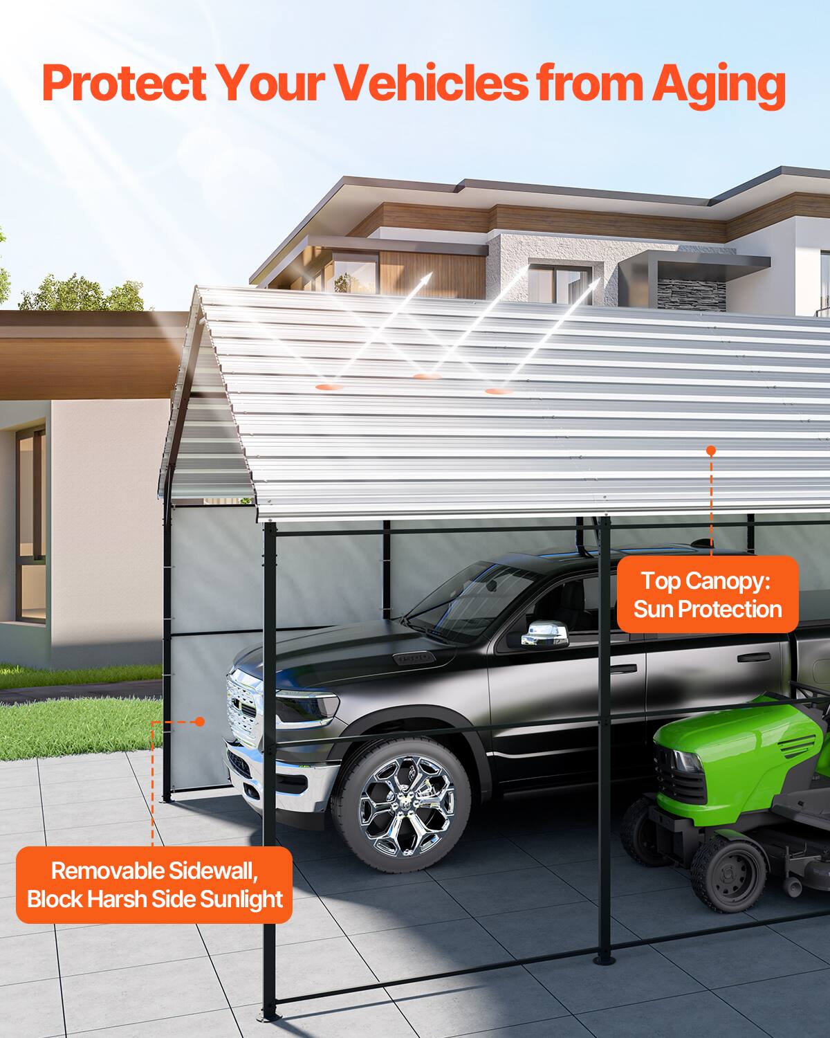 Protect Your Vehicles from Aging

Top Canopy: Sun Protection

Removable Sidewall, Block Harsh Side Sunlight