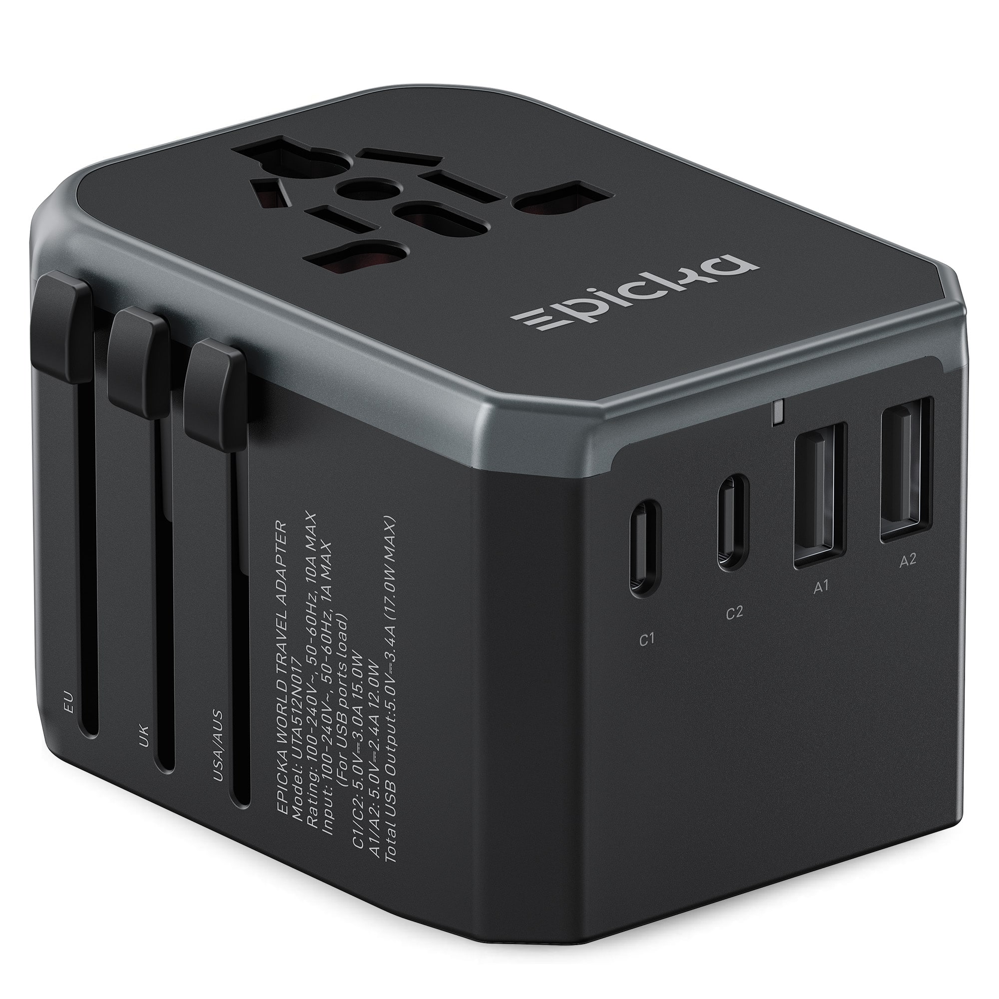 Epicka - Worldwide Travel Adapter, Universal Plug Adapter 17W, International Power Adapter with 2 USB-A and 2 USB-C - Black