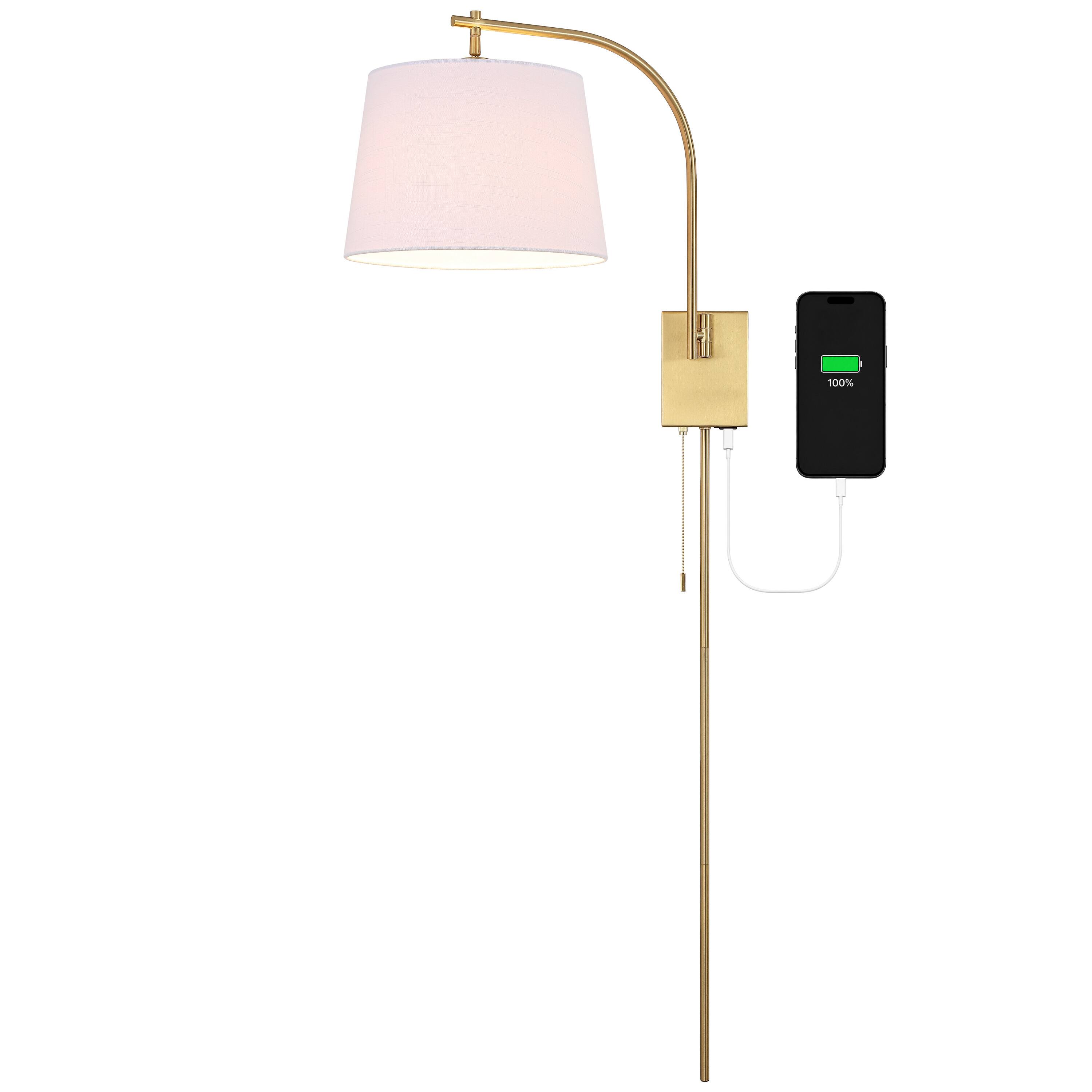 Front. Jonathan Y - Gosling 13" 1-Light Brass Gold Adjustable Plug-In or Hardwired Wall Sconce, USB Type A and C, Pull Chain and Cord Cover - Brass Gold.
