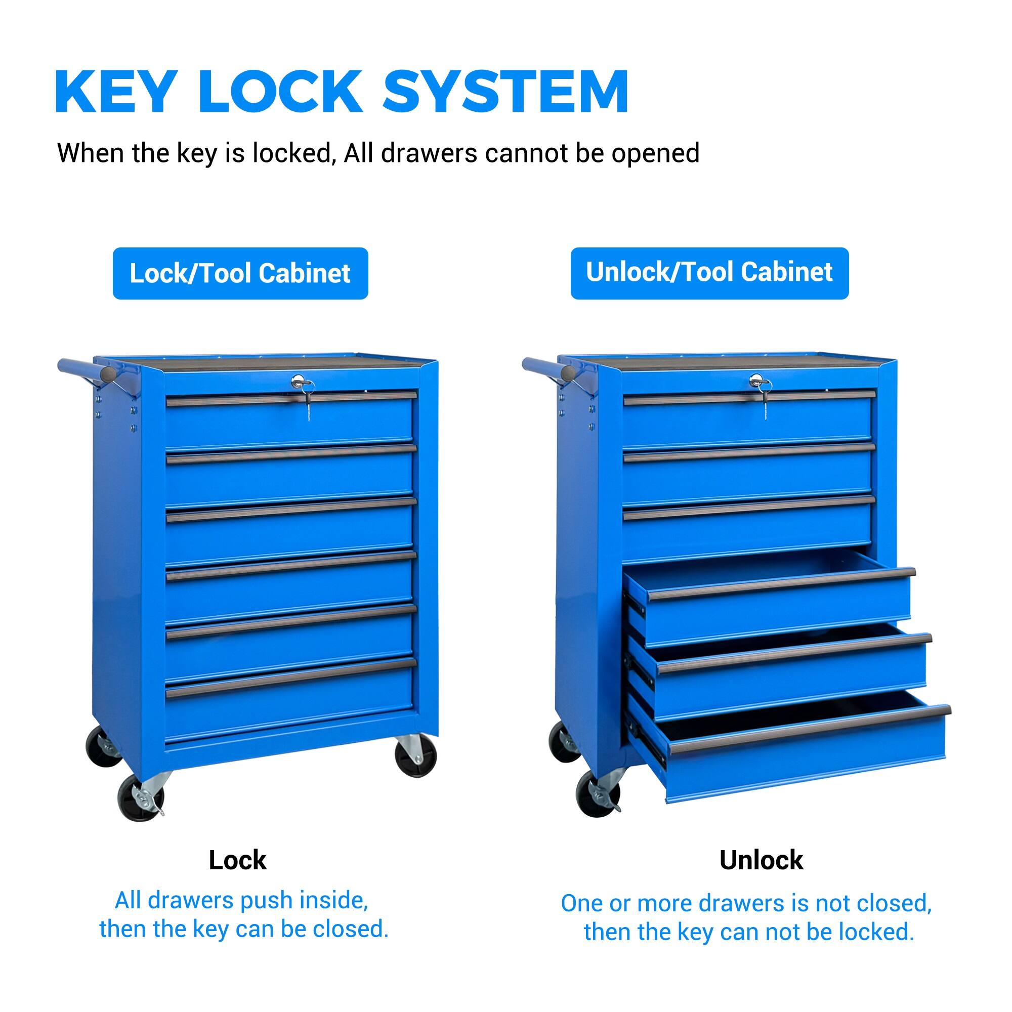 KEY LOCK SYSTEM

When the key is locked, All drawers cannot be opened

Lock/Tool Cabinet

Unlock/Tool Cabinet

Lock

All drawers push inside, then the key can be closed.

Unlock

One or more drawers is not closed, then the key can not be locked.