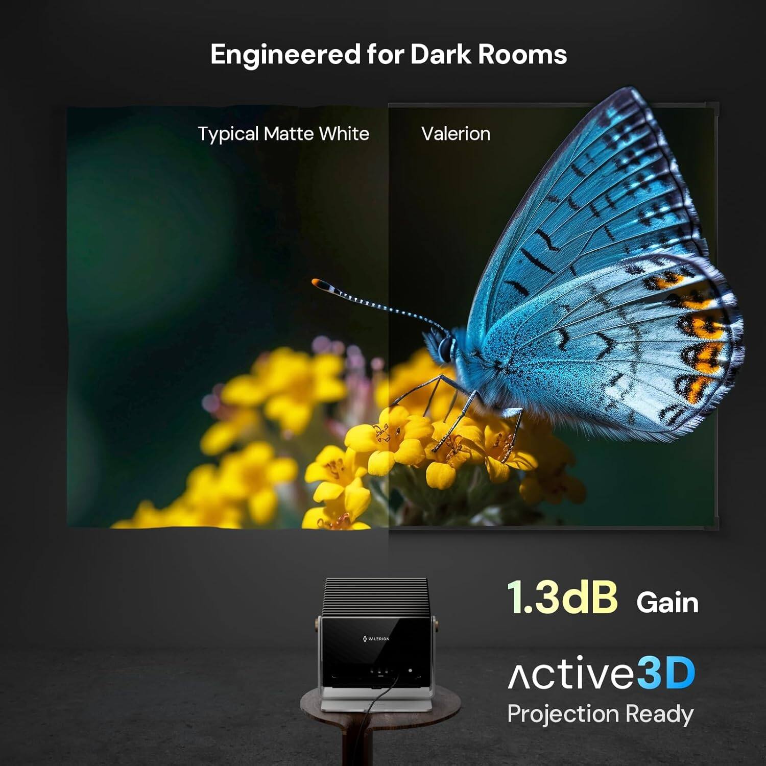 Engineered for Dark Rooms Typical Matte White Valerion 1.3dB Gain nLIRIN Active3D 3D Projection Ready