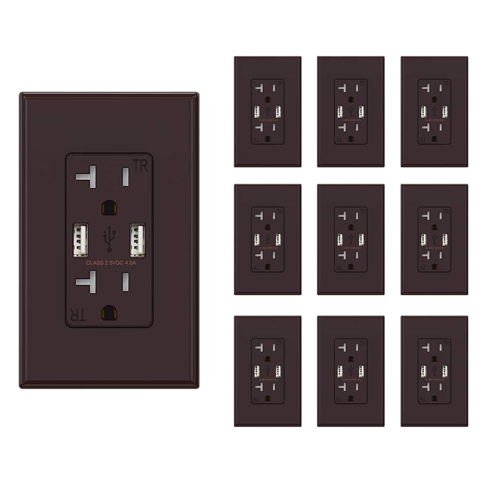 ELEGRP - USB Outlet Receptacle,20A Dual 4.0 A USB Ports,20W TR Electrical Wall Outlet, UL Listed, w/Wall Plate,,10PC - Brown