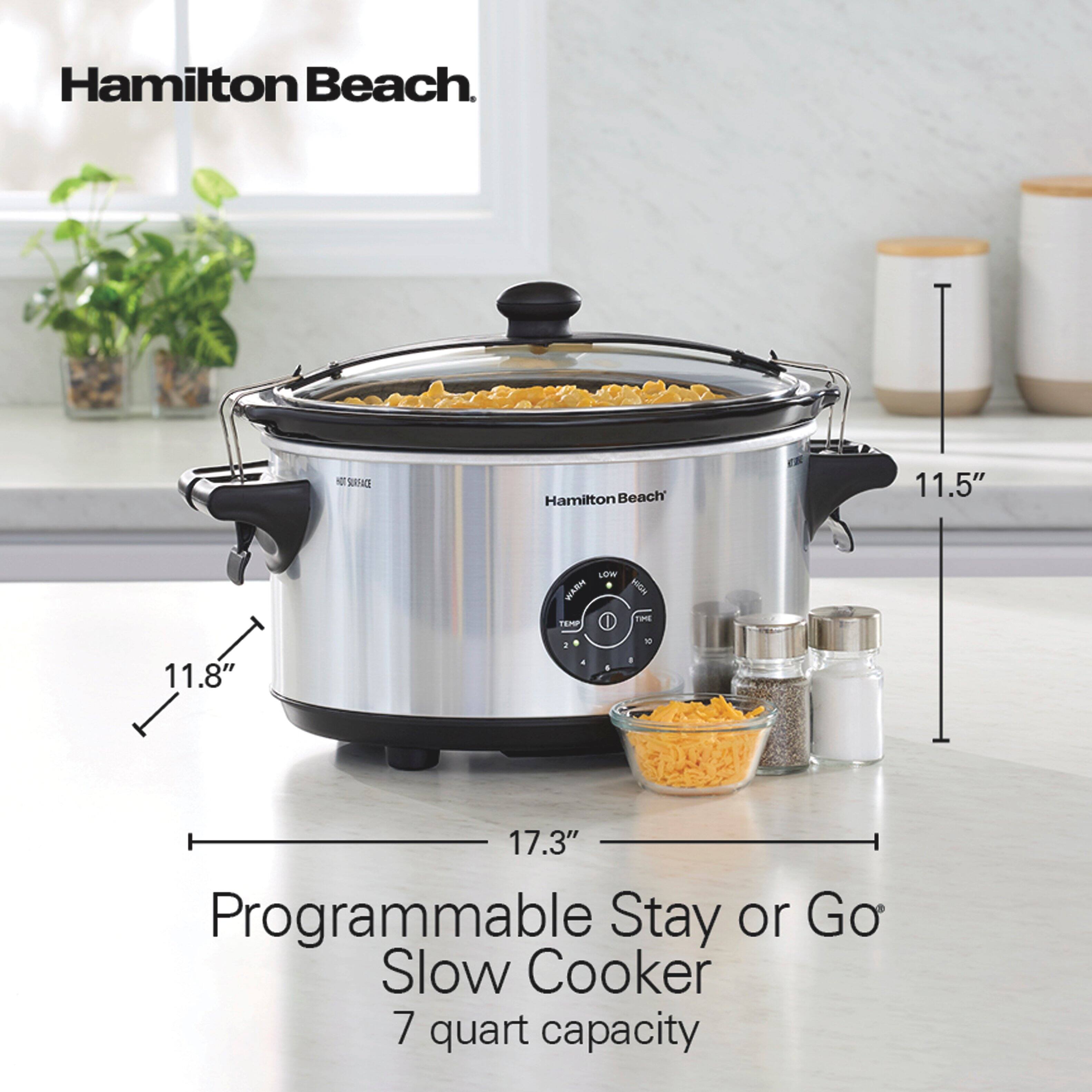Hamilton Beach  
HOT SURFACE  
Hamilton Beach  
11.5"  
TEMP  
LOW  
11.8"  
2  
17.3"  
Programmable Stay or Go Slow Cooker  
7 quart capacity
