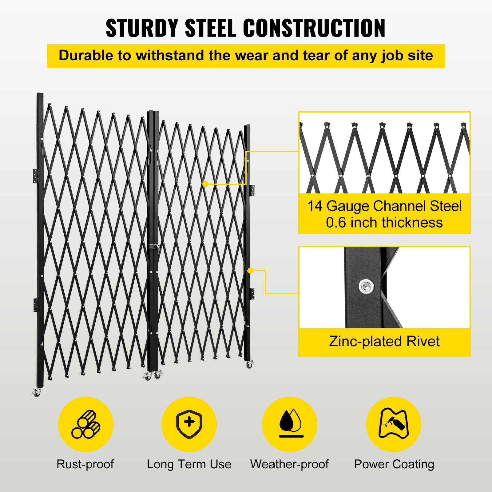 STURDY STEEL CONSTRUCTION  
Durable to withstand the wear and tear of any job site  

14 Gauge Channel Steel  
0.6 inch thickness  

Zinc-plated Rivet  

Rust-proof  
Long Term Use  
Weather-proof  
Power Coating