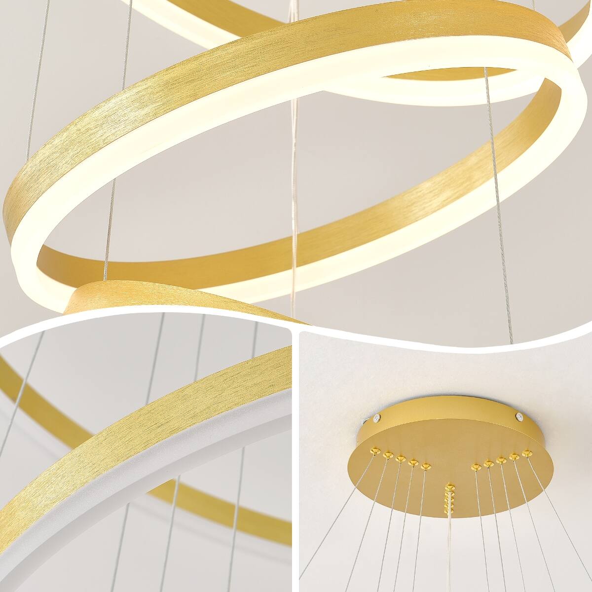 Alt View 9. Loheer - Loheer Modern Gold Three Ring LED Chandelier Dimmable Adjustable Pendant Light.