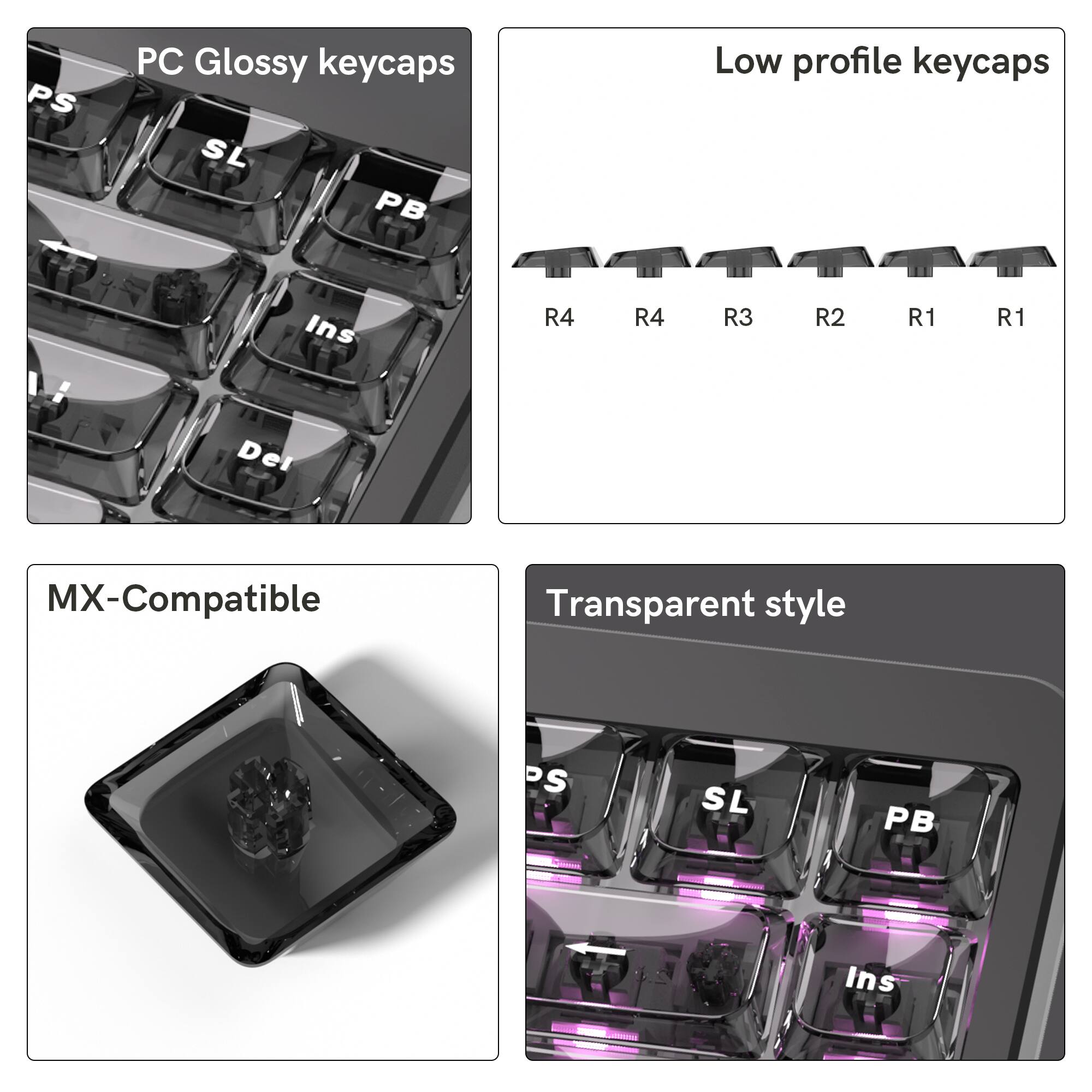 PC Glossy keycaps  
Low profile keycaps  
MX-Compatible  
Transparent style  

PS SL PB Ins  
R4 R4 R3 R2 R1 R1 Del
