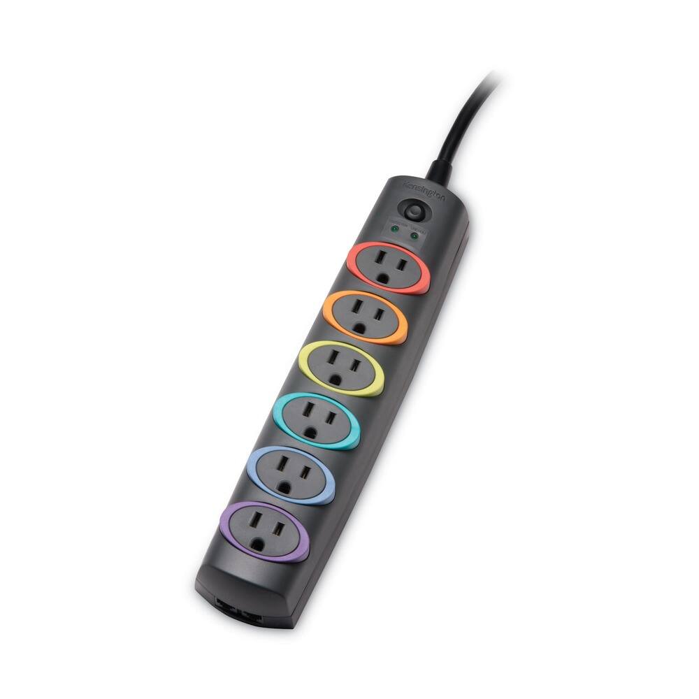 Left. Kensington - Kensington K62144NA SmartSockets 1260 J Color-Coded Strip Surge Protector with 6 AC Outlets and 8 ft. Cord - Black - Black.