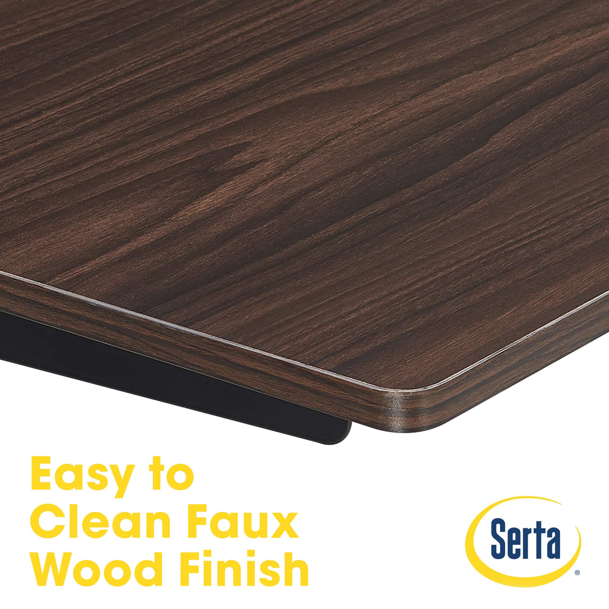The image features a wooden table with a brown finish. The table is clean and ready for use. The text "Easy to Clean Faux Wood Finish" is displayed above the table, emphasizing the cleanliness and low maintenance of the wood finish.