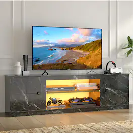 Pinmoco - 63 inch LED Gaming TV Stand for up to 70 inches TVs with Storage Cabinet and Adjustable Shelf - Black Marble