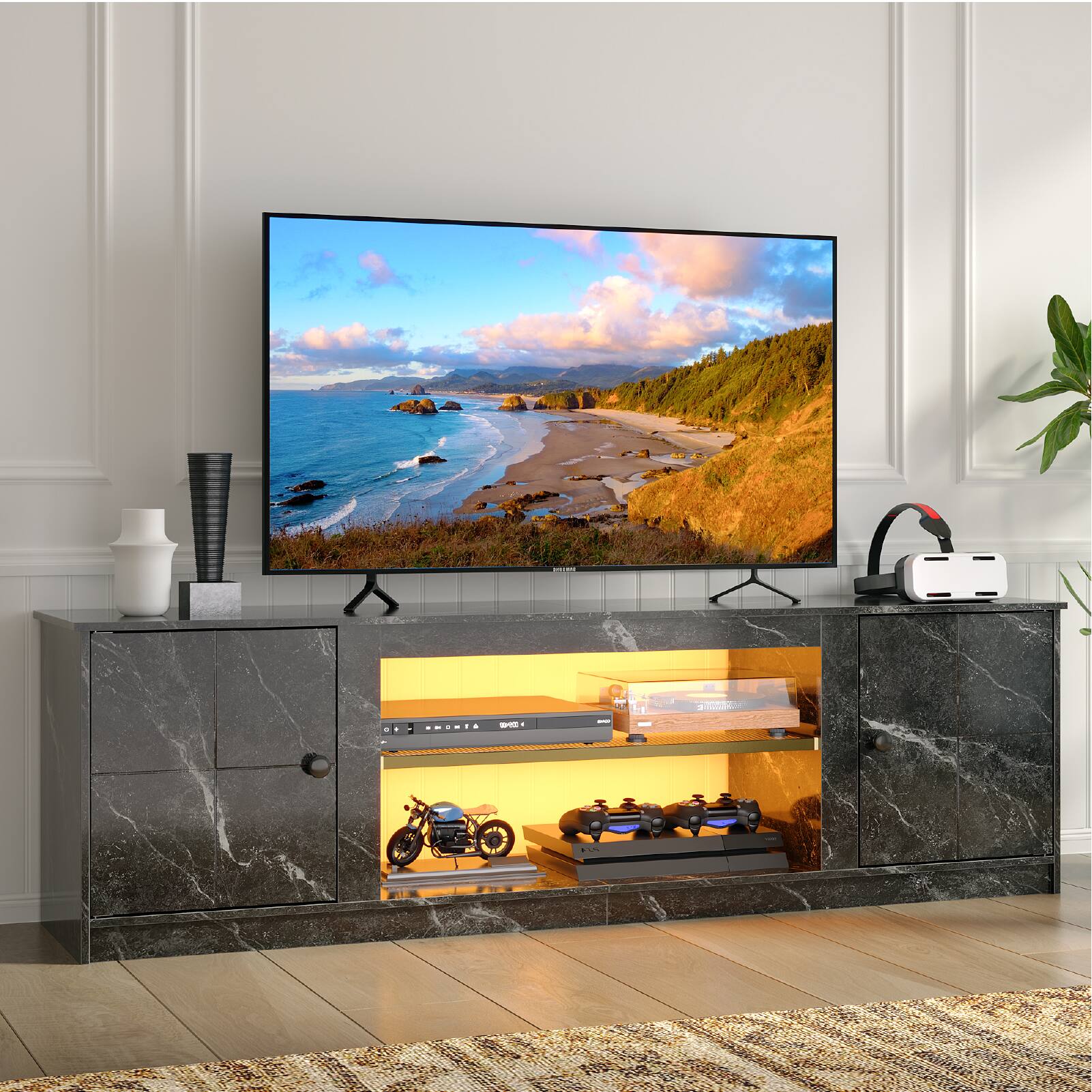 The text on the image reads: "A flat screen TV is on a stand in front of a window."