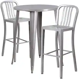 Flash Furniture - Brad Commercial Grade 30" Round Silver Metal Indoor-Outdoor Bar Table Set with 2 Vertical Slat Back Stools - Gray