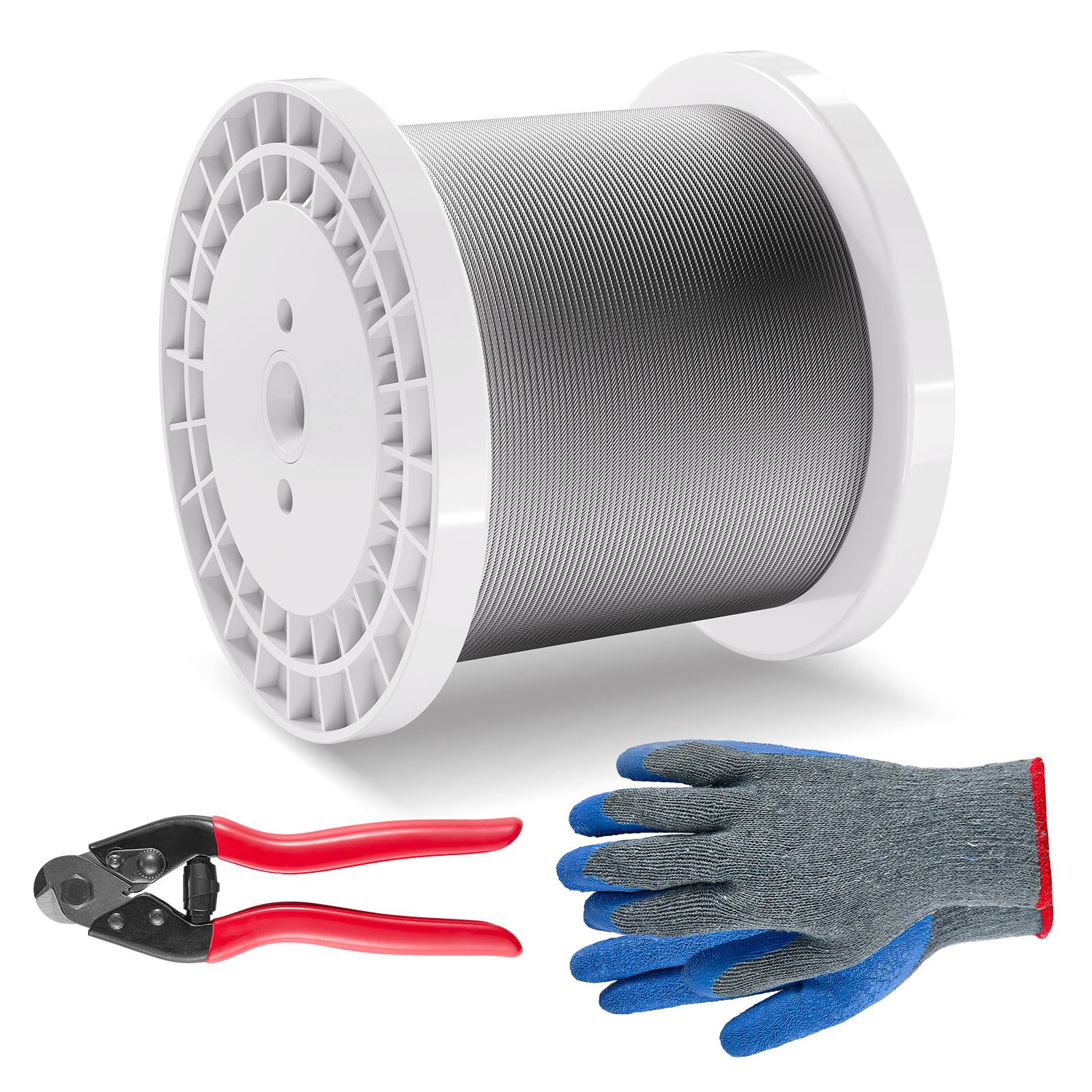 Front. VEVOR - Wire Rope Kit, 1/8" 1000 ft 316 Stainless Steel Cable with Cutter and Gloves, 1600 lbs Breaking Strength - Silver.