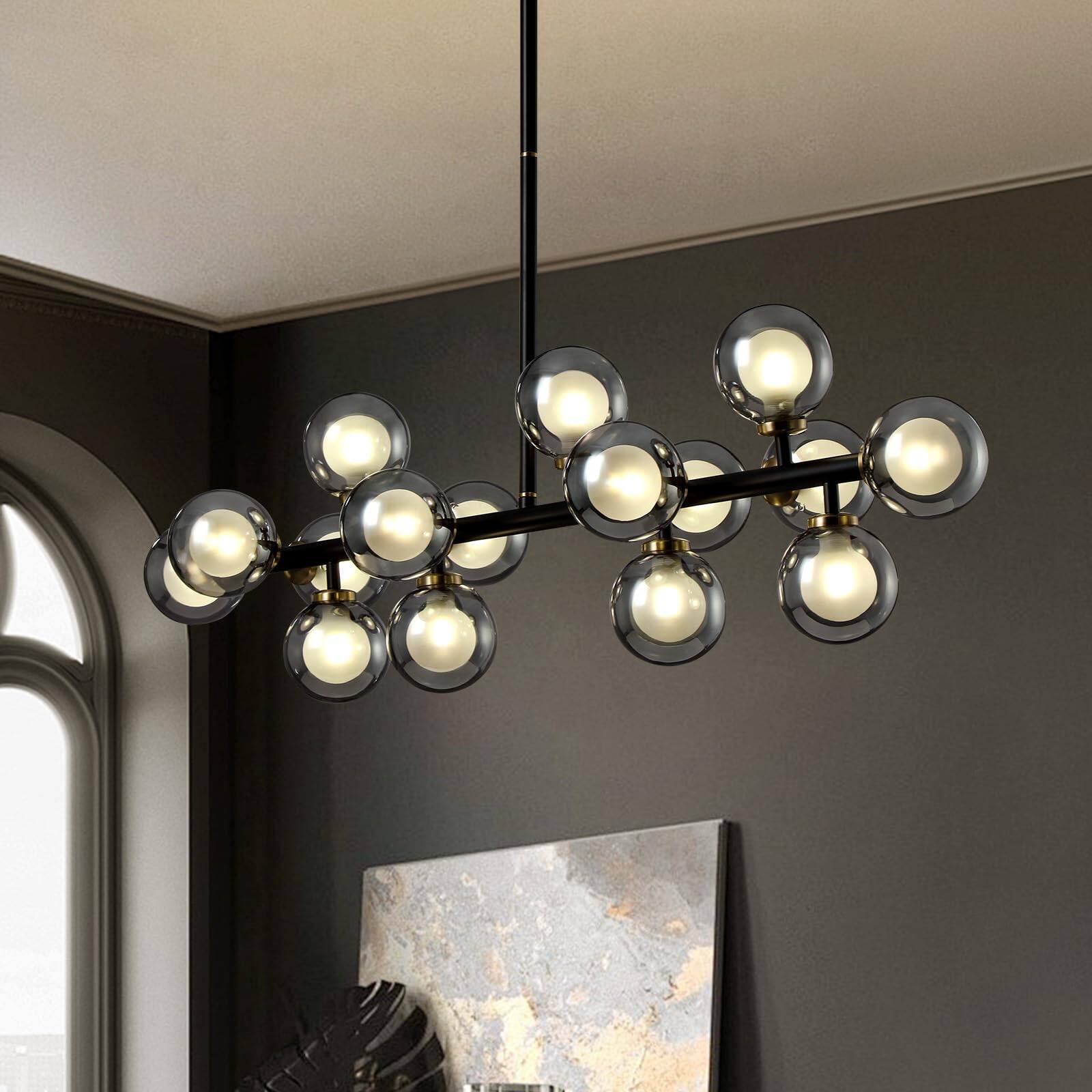 Left. Siljoy - 16-Light Linear Double Glass Shade Molecular Chandelier, Smoke Gray Texture, Minimalist Design for Versatile Spaces. - Black.