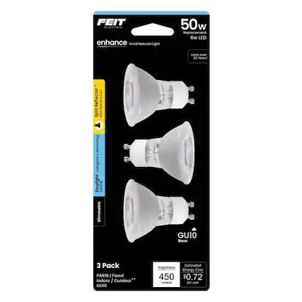 FEIT Electric enhance Vivid Natural Light 50w Replacement 6w LED Lasts over 20 Years. Reflector Split Shine Refreshing & Energized Daylight 5000K Dimmable GU10 Base 3 Pack PAR16 Flood Indoor/Outdoor. Estimated Brightness: 450 lumens. Energy Cost: $0.72 per year.