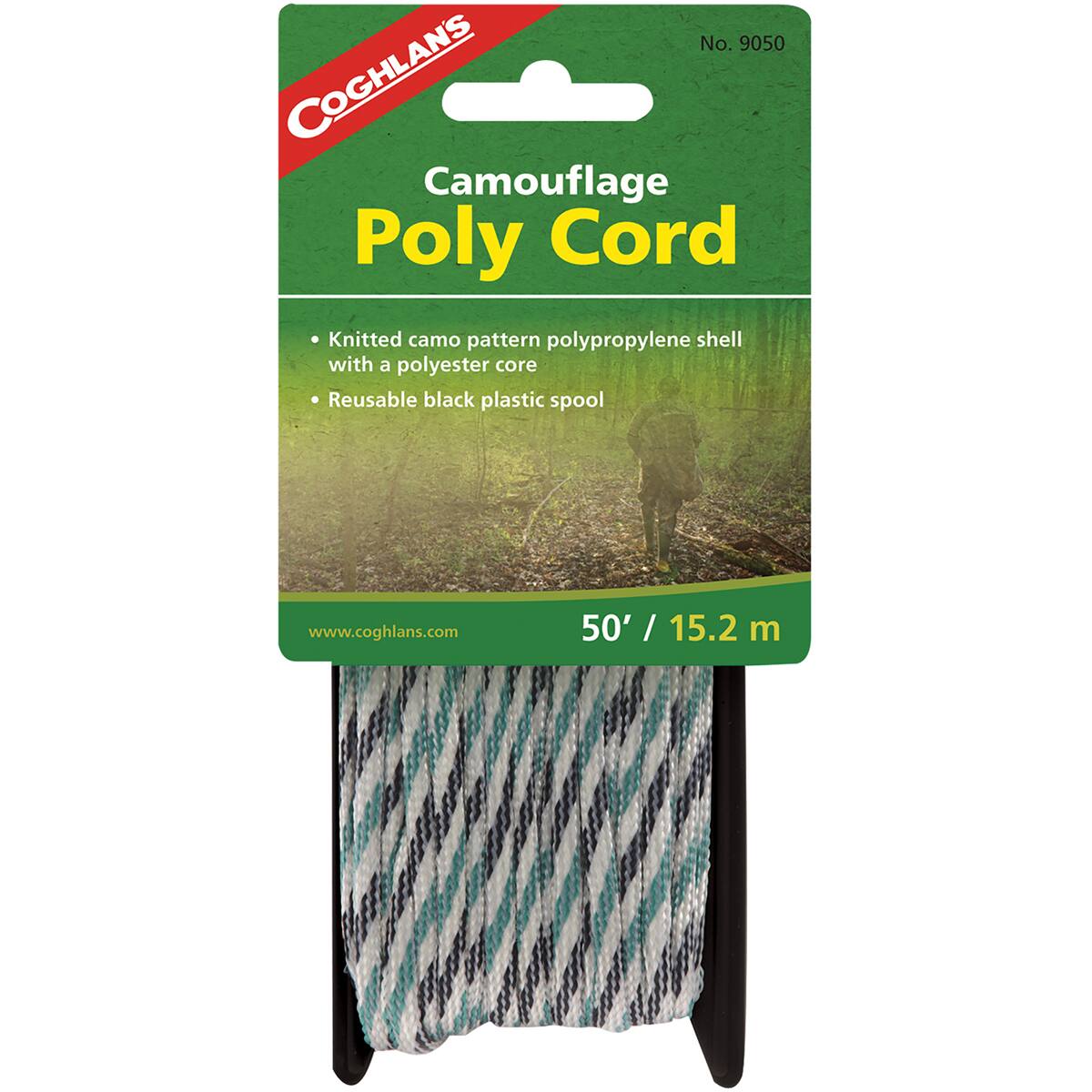 No. 9050 COGHLANS Camouflage Poly Cord

Knitted camo pattern polypropylene shell with a polyester core

Reusable black plastic spool

www.coghlans.com

50' / 15.2 m