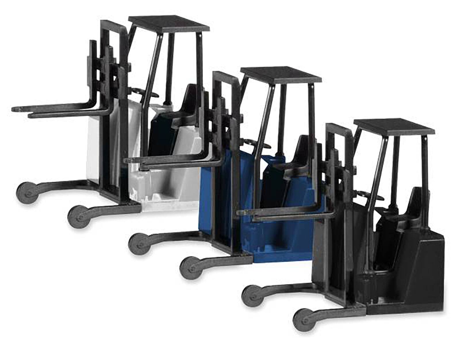 Angle. Promotex - Forklifts with Trailer Bumper 3 Piece Set 1/87 (HO) Plastic Models by Promotex - White, Blue, and Black..
