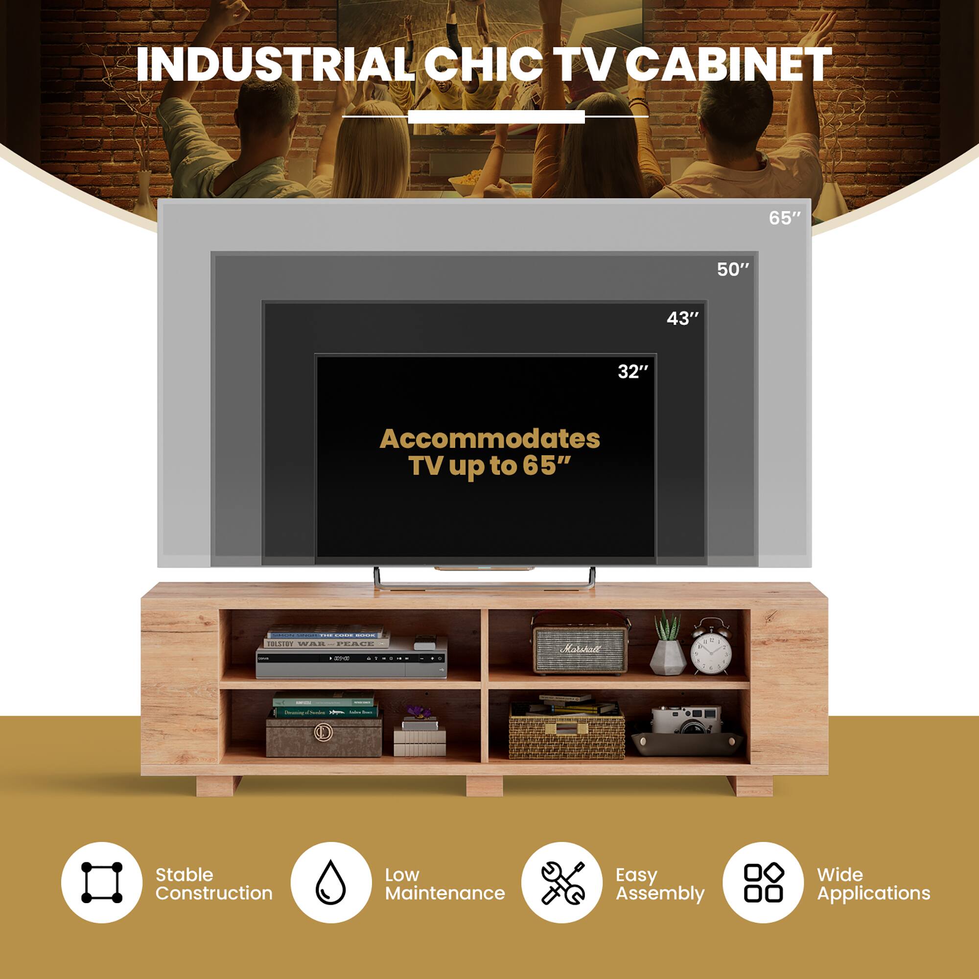 Industrial Chic TV Cabinet: 65" 50" 43" 32" Accommodates TV up to 65" | Stable Construction | Low Maintenance | Easy Assembly | Wide Applications