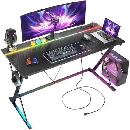 Front. Hirose Alice - Gaming Desk With Power Outlets & Led Computer Carbon Fiber Surface Gamer Pc Workstation Headphone Hook For B - Black-47 Inch.