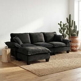 Anysun - L-3-seat-Shape Chenille Cloud Sectional with Sailboat Design - 1 Ottoman & 2 Pillows for Apartment Living Room - Black