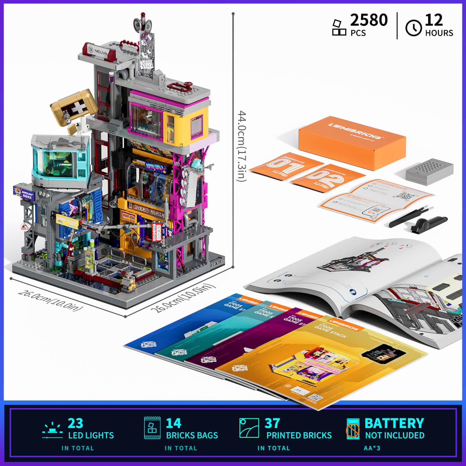 NEUVA MINOLARY BEEK STACK 26.0cm(10.0in)  
2580 PCS 44.0cm(17.3in)  
LUMIBRICKS 01 02  
QUERO 868IN SUBRESS - 26.0cm(10.0in) GAME 17005 ST  
LUMIBRE GAME 17005 S  
LUMIBR GAME 17005 LUNIBRI ST  
LUMIBRICKS 17005 STACK  
12 HOURS  
23 LED LIGHTS  
14 BRICKS BAGS  
37 PRINTED BRICKS  
BATTERY NOT INCLUDED  
IN TOTAL  
IN TOTAL  
IN TOTAL  
AA*3
