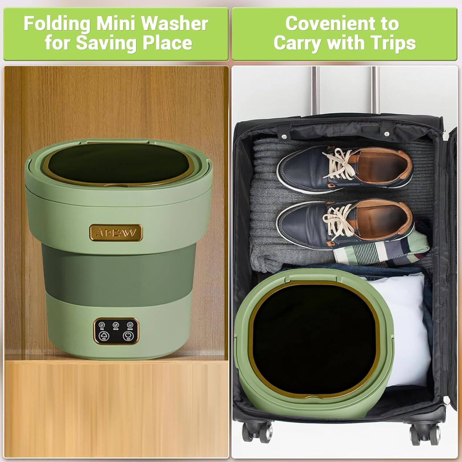 Left. Acekool - 12L Mini Portable Washing Machine and Dryer for RV Travel Hotel Laundry, Green - Green.