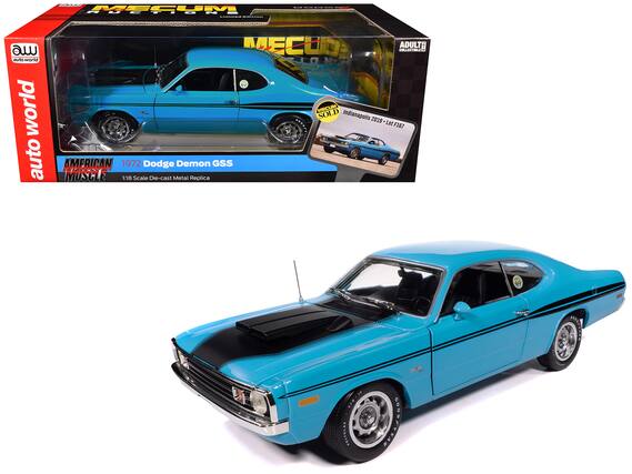 Sure, here is the corrected and grouped text from the image:
---
**auto world**
**AMERICAN MUSCLE**
1972 Dodge Demon GSS
1:18 Scale Die-cast Metal Replica
**MECUM**
**LIMITED EDITION**
**ADULT COLLECTIBLE**
**SOLD**
Indianapolis 2019 - Lot F167
**GSS**
**POLYGLAS**
**CODEYEAK**
---
This text is organized based on the visible elements in the image.