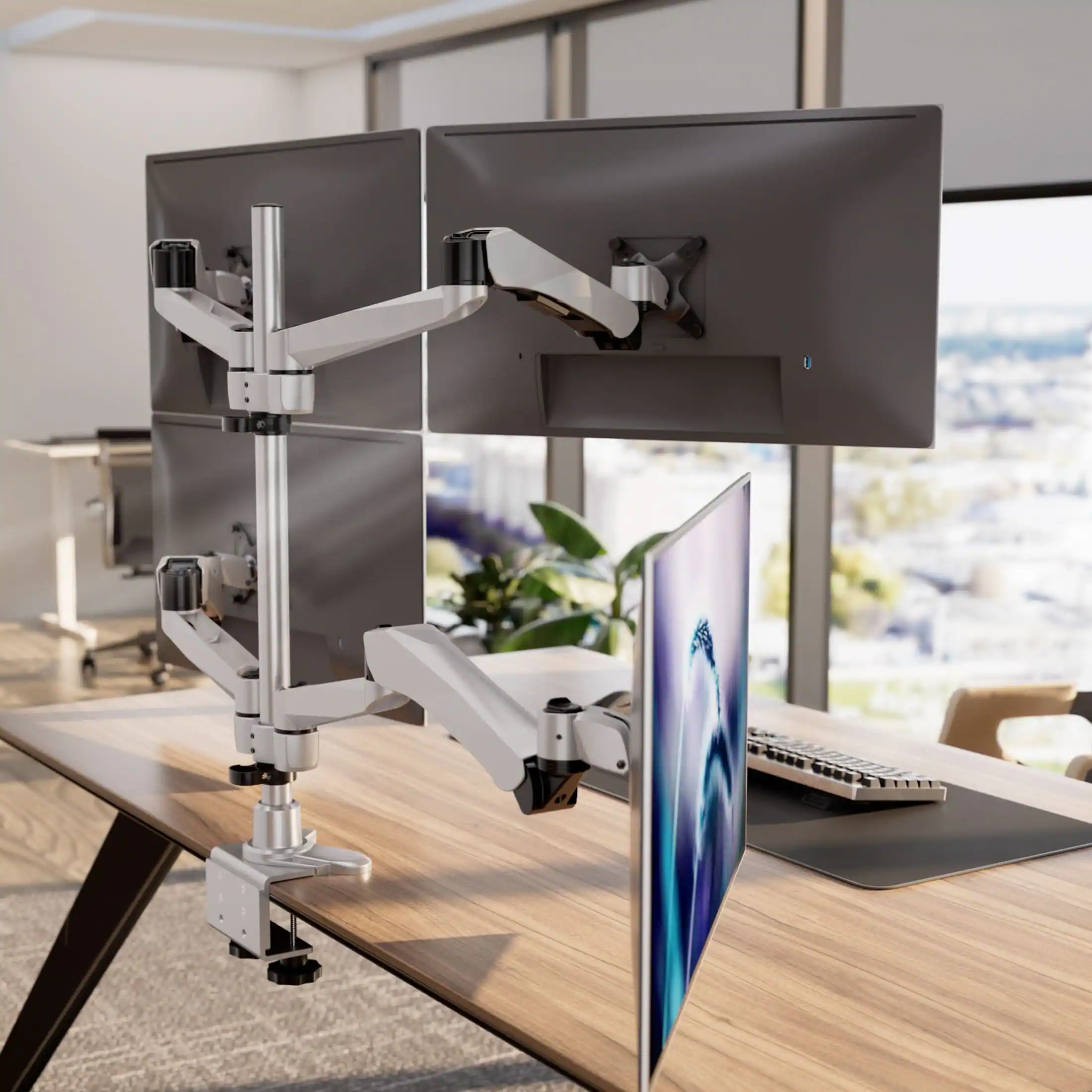 Angle. Mount-It! - CLiX Series Full Motion Quad Monitor Desk Mount with Gas Spring Arms – Height‑Adjustable 4‑Screen Desk Mount - Silver.