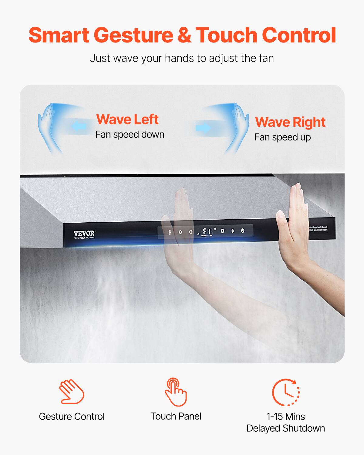 Smart Gesture & Touch Control  
Just wave your hands to adjust the fan  

Wave Left  
Fan speed down  

Wave Right  
Fan speed up  

Gesture Control  
Touch Panel  
1-15 Mins Delayed Shutdown