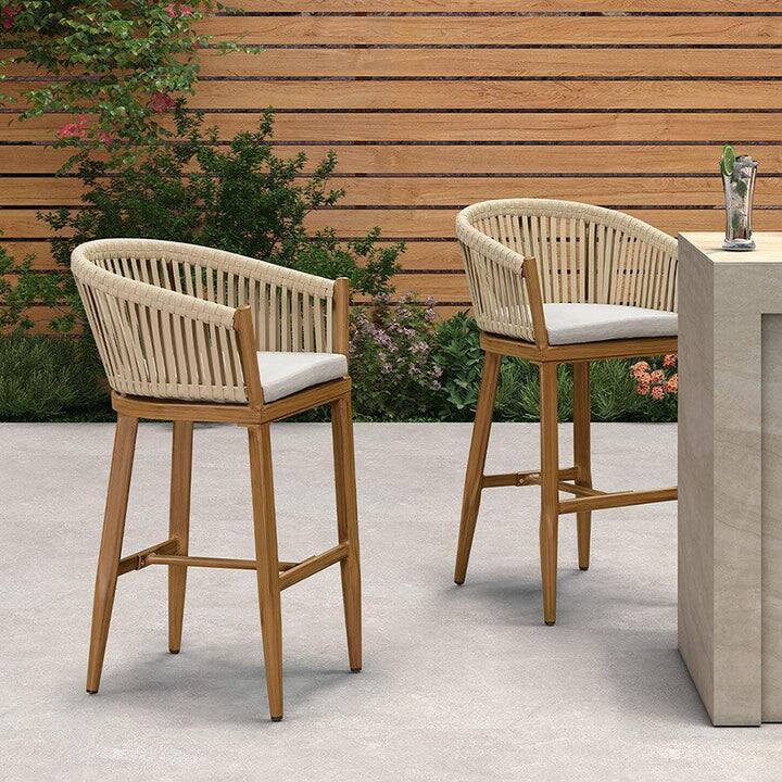 Back. PURPLE LEAF - Outdoor Counter/Bar Height Stools Set of 2 Rattan Wicker Bar Chairs Woven Aluminum Barstools with Back and Cushions - Teak-Bar Stool.