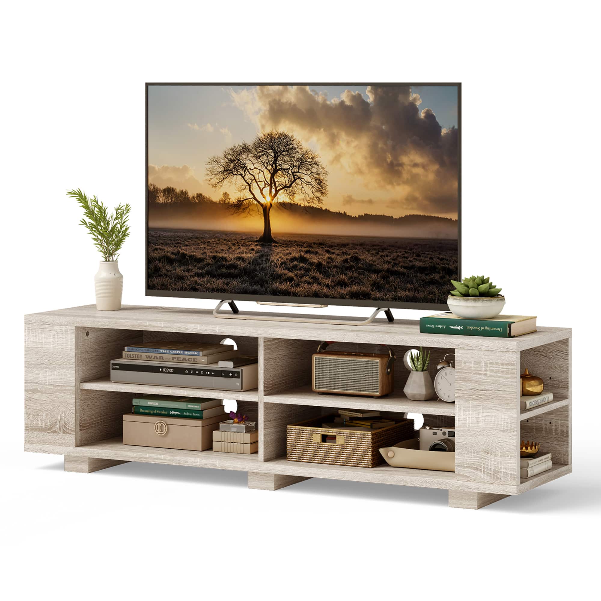 I am not sure what you are asking for. The image shows a flat screen TV sitting on a wooden stand with a few books and a potted plant nearby. There is also a vase and a bowl in the scene.