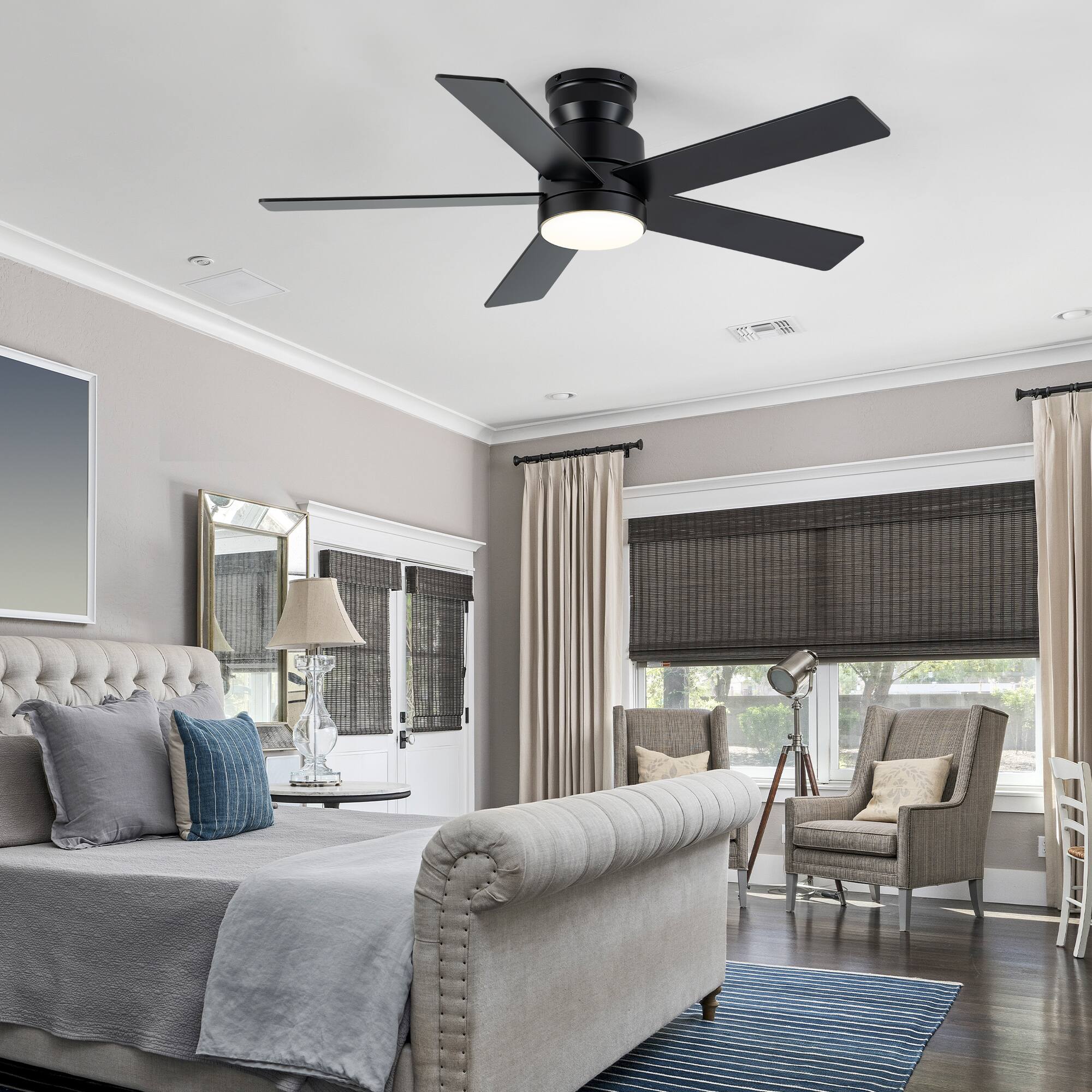 Back. Breezary - 42" Flush Mount Ceiling Fan with 5 Plywood Blades, 3-Color Light, DC Motor, Remote Control, Timer with Memory - Matte Black and Deep Walnut Color.