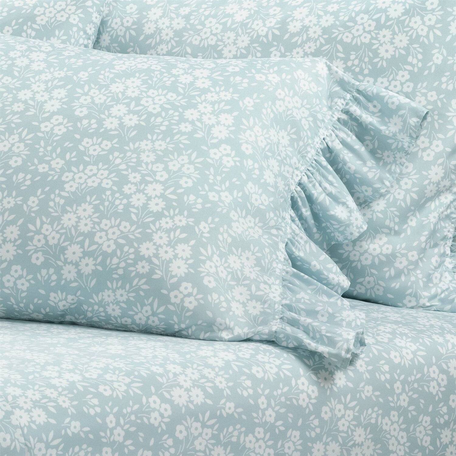 Left. SlickBlue - Polyester Ruffle Floral 6 Piece Sheet Set for Bedroom - Blue.