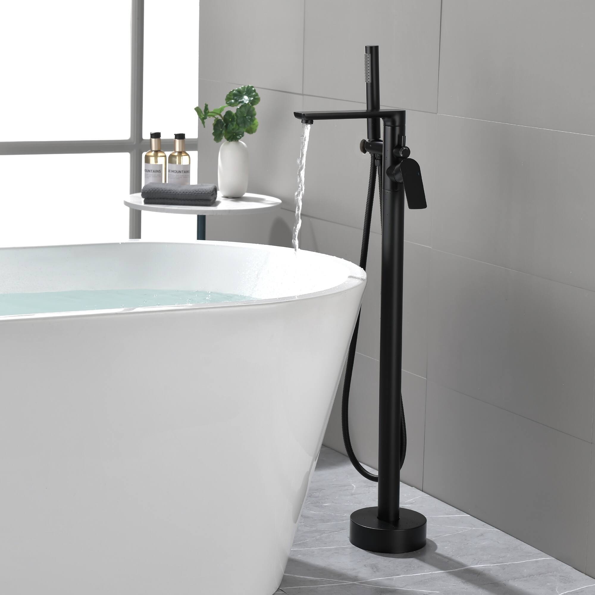 Alt View 1. Boyel Living - Matte Black Freestanding Bathtub Faucet Solid Brass 360° Swivel 60-Inch Hose Aerated Spout cUPC - Matte Black.